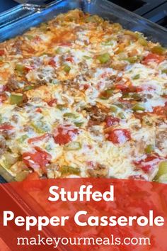 stuffed pepper casserole in a baking dish with text overlay