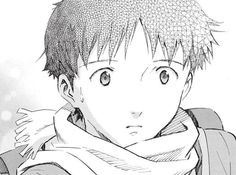 an anime character with short hair wearing a scarf and looking at the camera, in black and white