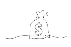 a bag of money sitting on the ground with one line drawing in front of it