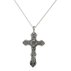 Make a connection to faith with this beautiful religious cross pendant necklace. Styled in gleaming sterling silver with a diamond-cut and antiqued finish for a vintage look, this 60x32mm pendant suspends from an 18-inch long cable chain with spring ring clasp security. This attractive necklace adds a religious flair to your jewelry collection. Metal Weight: 8.46 grams with chain Jewelry Type: Fine Chain Style: Forzantina Cable Chain Pendant Type: Cross Pendant Jewelry Finish: High Polish Gender Vintage Sterling Silver Cross Pendant Necklace, Oxidized Cross Pendant Necklace, Classic Engraved Crucifix Cross Necklace, Antique Silver Cross Necklace Spiritual Style, Antique Silver Cross Pendant Necklace For Gift, Antique Silver Cross Necklace With Oxidized Finish, Antique Silver Oxidized Cross Necklace, Oxidized Spiritual Cross Necklace, Cross Necklace Png