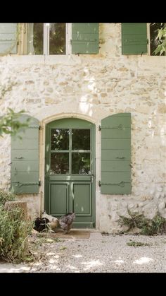 two cats sitting in front of an old stone building with shutters and green doors