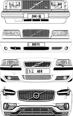 the front and rear view of a car in black and white, with three different grilles on each side