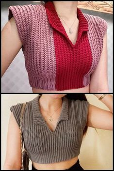 two different pictures of a woman wearing a top