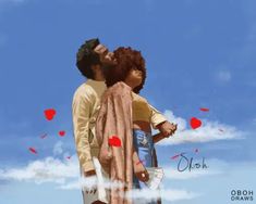 two people standing next to each other under a blue sky with clouds and red hearts