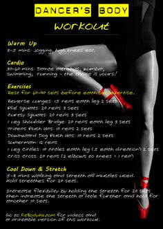 a woman in tights and high heels with the words dancer's body workout