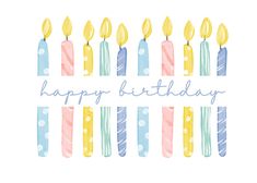 a birthday card with candles and the words happy birthday written in blue, yellow and pink