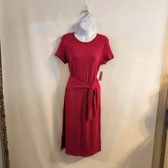 Time And Tru Tie Waist Knit Dress Approx. 42" Long With 6" Splits On Both Side Long Casual Purple Dress, Casual Long Purple Dress, Casual Purple Midi Dress For Daywear, Purple Crew Neck Dress For Spring, Casual Purple Knee-length Midi Dress, Short Tiered Dress, Coral Sundress, Waist Tie Dress, Pink Cotton Dress