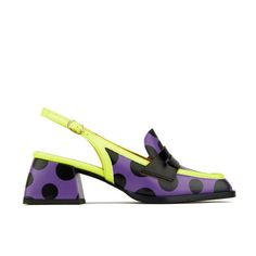 The Diana Black & Purple Polka Dot is a women's designer heel, handcrafted in colorful, textured Italian leather is a classic, comfortable women's designer slingback heel. Purple Sandals, Tiffany Lamp, Fashion Shoes Boots, Stylist Fashion, Oxford Sneakers, Future Wardrobe, The Diary, Slingback Shoes, Garden Parties