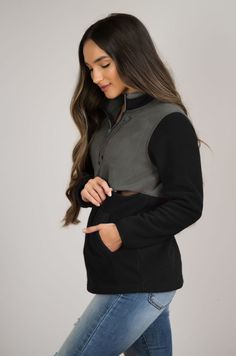 Our high-end designed nursing fleece is made with super soft polar fleece and will keep you warm but isn't too heavy to wear indoors.  Sometimes you need something warmer but wearing layers and a coat is cumbersome, especially when you're baby-wearing and need to nurse. The colorblock line hides the zipper, which is one long zipper with pulls on both sides (for any size chest). It can be opened with one hand! The contract zippers and collar give this fleece a high-end feel. We guarantee you'll wear this long after your nursing days! Fits true to size but size up if your bust is larger than a DD/E. 100% polyester.  Machine wash.  Hang to dry Model is a size 2, 5'6 and is wearing a size XS. Check out our size chart, https://www.nursingqueen.com/pages/size-chart RETURN POLICY: 30 days and FRE Black Half-zip Winter Outerwear, Black Half-zip Fleece Jacket, Casual Black Fleece Jacket For Layering, Winter Half-zip Layering Outerwear, Half-zip Outerwear For Winter Layering, Black Fleece Jacket For Fall Layering, Black Fleece Tops For Outdoor, Black Fleece Outdoor Tops, Cozy Fleece Outerwear With Funnel Neck