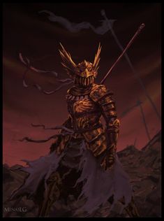 a man in armor holding two swords on top of a rocky hill at night with the sun setting behind him