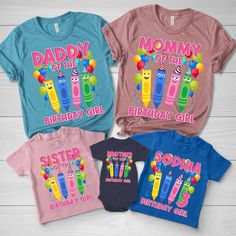 three birthday shirts with the words mommy of the birthday girl, daddy of the birthday girl and son of the birthday girl