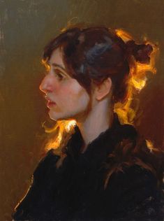 an oil painting of a woman's head with her hair in a bun, looking to the side