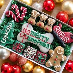 decorated christmas cookies in a box with ornaments