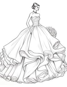 a line drawing of a woman in a ball gown