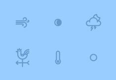 the weather icons are shown in blue and white on a light blue background, there is also an image of a hot air balloon