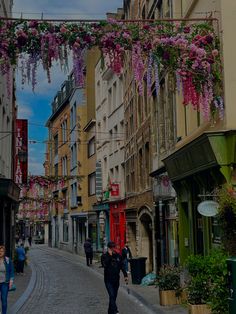 people walking down the street in front of buildings with purple flowers hanging from them and some shops on either side