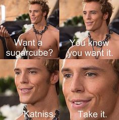 four different pictures of a man with no shirt on, and the caption says, want a sugercube? you want it katniss take it