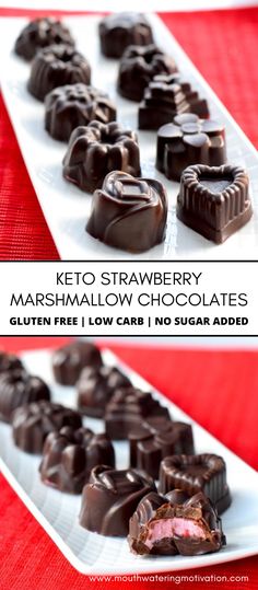 Keto Strawberry Marshmallow Chocolates. These cute strawberry filled sugar free chocolates make a perfect valentines day dessert! Simple and sweet. These have a chewy center with a rich sem-sweeet chocolate coating. #ketochocolates #ketovalentinedesserts #ketovalentinesdaydesserts #ketovalentinesday #lowcarbvalentinedesserts Low Calorie Valentine Desserts, Paleo Valentine Treats, Keto Chocolate Covered Strawberries, Keto Valentines Day Treats, Keto Valentine Desserts, Sugar Free Valentine Treats, Keto Valentines Day, Valentines Day Dessert, Keto Valentines