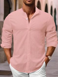 Men's Casual Solid Long Sleeve Shirt, Spring & Autumn Pink Casual  Long Sleeve Cotton Plain Shirt Non-Stretch  Men Clothing, size features are:Bust: ,Length: ,Sleeve Length: Casual Sweatpants, Rose Bonbon, Plain Shirt, Embroidered Shorts, Plain Shirts, Inspiration Mode, Men's Sweatpants, Kids Sleepwear, Men Clothing