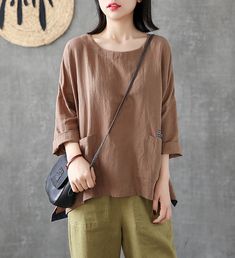 Length Sleeve Summer Women Casual Blouse Cotton Linen Shirts Tops Blouse Cotton, Linen Shirts, Silver Necklaces Women, Organic Colors, Cotton Linen Fabric, Loose Style, Casual Blouse, Cotton Blouses, Women Dresses