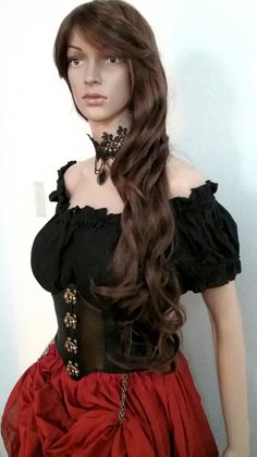 "Complete Steampunk Outfit, 6 Pieces Comes with; -Copper Full 10 YARD WIDE 100% HAND DYED COTTON SKIRT Special 2\" Non Roll Waistband With Drawstring FOR A HOURGLASS LOOK THAT WILL NOT ADD INCHES/BULK TO YOUR WAIST! One Size -Black Corset with Clasps Hooks in front Self Adjusting Comfortable Wide Elastic Please message me your waist size for the Corset -Black Short Sleeve Crop Midriff Chemise Blouse One Size -Black Crocheted Choker with Chains & stone. ( Varies with in stock availability, Si Steampunk Ruffled Corset For Cosplay, Steampunk Ruffles Corset For Cosplay, Gothic Corset For Festivals, Fantasy Festival Corset, Steampunk Corset For Festival, Elf Cosplay, Steampunk Dress, Corset Belt, Black Corset