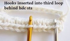 crochet hooks inserted into third loop behind hdc stylus with text overlay