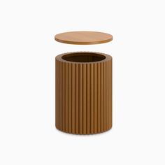 a brown trash can with a wooden lid on the top, and a white background