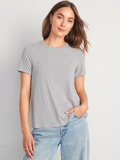 Our Luxe T-shirts are softer than the rest, with a draped, flawless fit ?? Rib-knit crew neck.  Short sleeves.  Rayon-jersey, with comfortable stretch.  All-over stripe print.  #488260 Relaxed fit through body.  Women's Luxe T-shirt hits below waist. Casual Short Sleeve Top With Ribbed Neckline, Everyday Ribbed Crew Neck T-shirt, Casual Ribbed Cotton Short Sleeve Top, Casual Cotton Ribbed Short Sleeve Top, Striped Ribbed Crew Neck T-shirt, Striped T Shirt, Women's T Shirts, Petite Size, Stripe Print