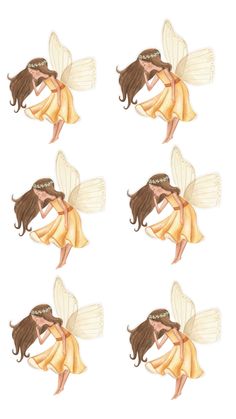 four images of a fairy with wings and a crown on her head, one has brown hair