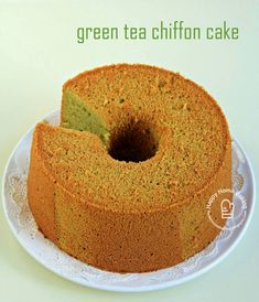 a green tea chiffon cake on a white plate