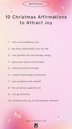 Manifest joy this holiday season with these 10 powerful affirmations! Repeat phrases like "I am surrounded by love" and "Joy flows effortlessly into my life" to align your energy with holiday magic. Let go of stress, embrace love, and attract positive vibes as you create meaningful memories. Save this Pin for a joyful and peaceful Christmas! #ChristmasAffirmations #HolidayJoy #PositiveThinking #GratitudePractice #SpiritualChristmas