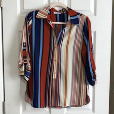 Nwot Oo La La Stripe Button Down Collared Blouse. Working Real Roll Tab Sleeves. Halfway Working Button Down Front With Collar Neckline. Comes From Smoke Free Home. Casual Multicolor Tops For Office, Casual Multicolor Office Shirt, Casual Multicolor Office Blouse, Couture Tops, Blue Orange, Top Blouse, Rolls, Womens Tops, Couture