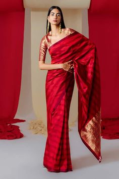 Red saree with floral stripe woven motifs and tassel border. Comes with unstitched blouse piece. - Aza Fashions Elegant Red Handloom Traditional Wear, Elegant Red Handloom Blouse Piece, Red Fitted Tussar Silk Traditional Wear, Fitted Red Tussar Silk Traditional Wear, Fitted Red Traditional Wear In Tussar Silk, Red Blouse With Zari Weaving In Traditional Drape, Traditional Red Blouse With Zari Weaving, Red Tussar Silk Blouse With Zari Work, Red Tussar Silk Blouse For Diwali