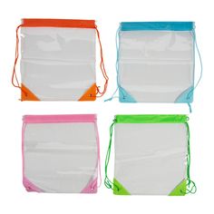 four different colored bags with string on the sides and drawstring at the bottom