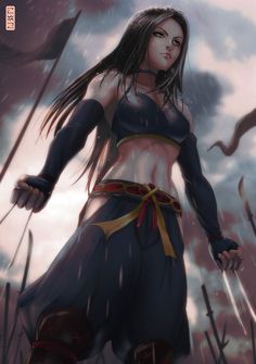 a woman with long hair standing in tall grass and holding two swords on her shoulder