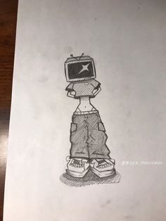 a drawing of a boy with a computer monitor on his head and shoes in front of him