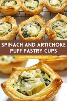 spinach and artichoke puff pastry cups on a cooling rack with text overlay