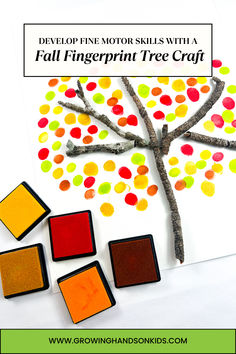 A fall craft featuring real twigs arranged as branches on white paper, surrounded by colorful fingerprint dots in red, orange, yellow, and green. Ink pads in fall colors are placed next to the artwork. October Preschool Themes, Tree Art Project, Fall Tree Art, October Preschool, Fingerprint Crafts, Fine Motor Activities For Kids, Fingerprint Tree, Fall Arts And Crafts, Fall Art Projects