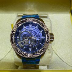 Brand New Invicta Watch For Men Blue Chronograph Watch With Skeleton Dial For Formal Occasions, Formal Blue Chronograph Watch With Skeleton Dial, Elegant Blue Chronograph Watch With Skeleton Dial, Timeless Blue Watch With Skeleton Dial, Timeless Blue Skeleton Dial Watch, Invicta Watches, Watch For Men, Blue Gold, Accessories Watches