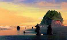 three rock formations on the beach at sunset with people walking in the water below them