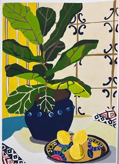 a painting of a potted plant on a table next to a plate with cookies