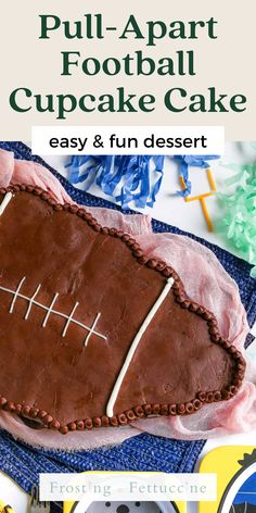 This easy to make DIY pull apart football cake is the perfect football party dessert! You can enjoy the football game while the kids enjoy these homemade chocolate cupcakes made with healthier ingredients like whole wheat pastry flour and applesauce. Football Cake Recipe, Easy Football Cupcakes, Football Jersey Pull Apart Cupcakes, Football Cupcake Cake, Football Cupcake Cake Ideas Pull Apart, Football Shaped Cupcakes, Football Cupcake Cakes, Football Party Desserts, Fun Easy Desserts