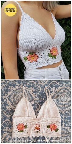 crocheted bras with flowers on them are shown in two different pictures, one is