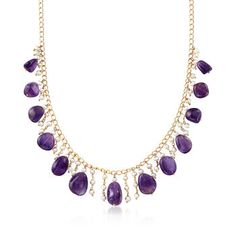 Ross-Simons - Cultured Pearl, 100.00ct t. w. Amethyst Drop Necklace Over Sterling. 18". Make an elegant statement flaunting this stunning necklace. Here, alternating drops of 3.5mm cultured freshwater pearls and bright purple 100.00 ct. t. w. amethyst beads add some glam to your look. Set on a polished 18kt yellow gold over sterling silver curb chain with a 2" extender. Lobster clasp, white pearl and amethyst drop necklace. Amethyst birthstones are the perfect gift for February birthdays. Longchain Designs, Multi Gem Ring, Pearl And Amethyst, Byzantine Necklace, Amethyst Birthstone, Floral Pendant Necklace, Black Tourmaline Crystal, Homemade Jewelry, Citrine Stone