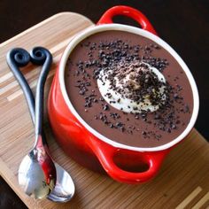 a red bowl filled with chocolate and whipped cream