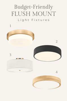 four different types of flush - mounted lights with the text, budget - friendly flush mount light fixtures