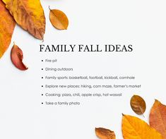 a white background with autumn leaves and the words family fall ideas