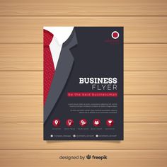 a business flyer with a red tie on the wooden background, template for an advertisement or brochure