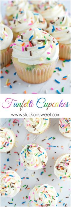 cupcakes with white frosting and sprinkles on top