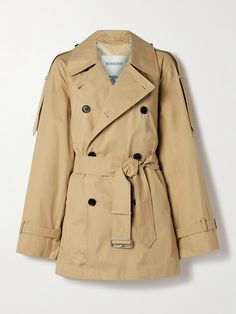 Burberry scales down the details of its signature trench coats in this elegant jacket. Made from beige cotton-gabardine, it's designed with sleek notch lapels and a classic double-breasted front. Use the detachable belt to cinch the waist. Burberry Trench Coat Outfit, Luxury Beige Gabardine Outerwear, Brown Double-breasted Belted Outerwear, Classic Gabardine Outerwear With Double-breasted Fastening, Luxury Gabardine Button-up Outerwear, Beige Double-breasted Gabardine Outerwear, Jean Trench Coat, Burberry Coat, Elegant Jacket